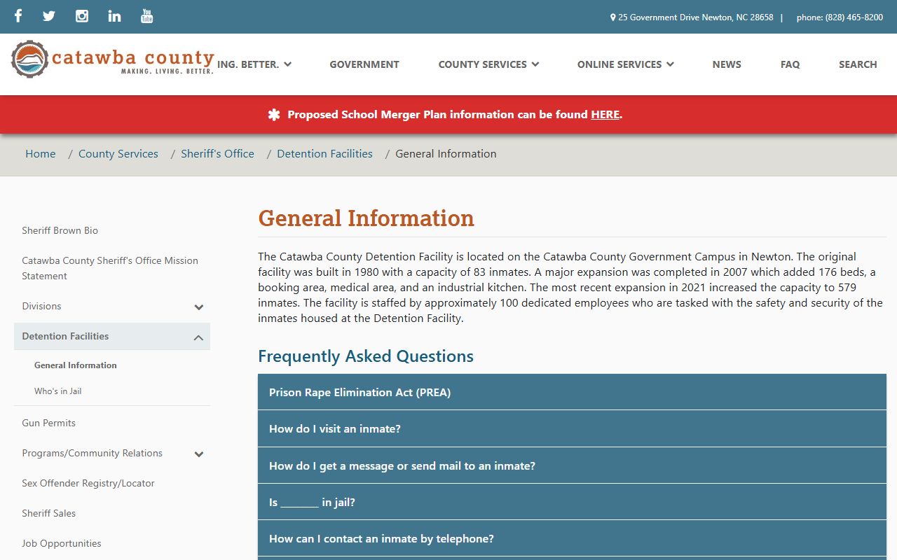 Catawba County Detention Facility jail information page for inmate visitation mail and money rules