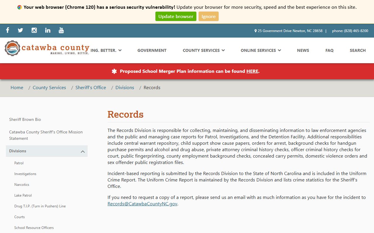 Catawba County booking photo records request route through Sheriff's Records Division